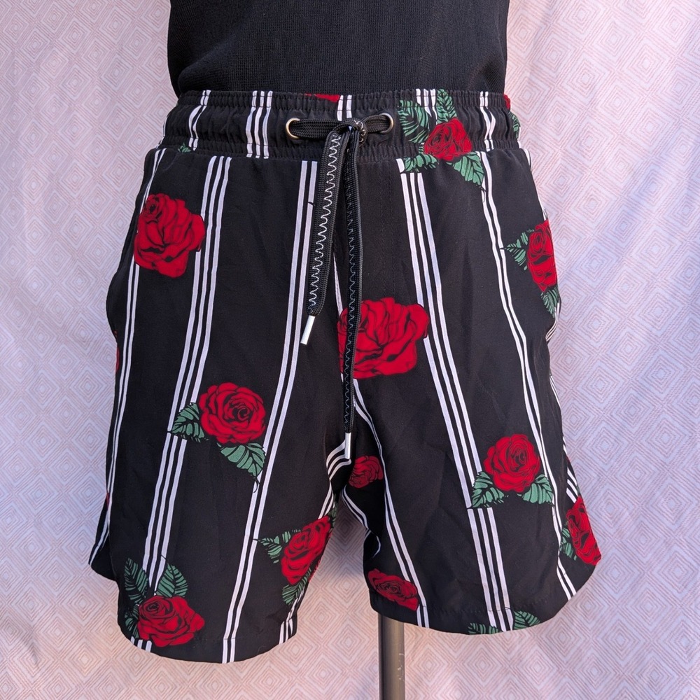 Surf Society Swim Trunks Mens Black Excellent Rose Floral Striped Board Shorts